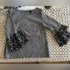 J. Crew Black and White Checkered Blouse with Embroidered Sleeves